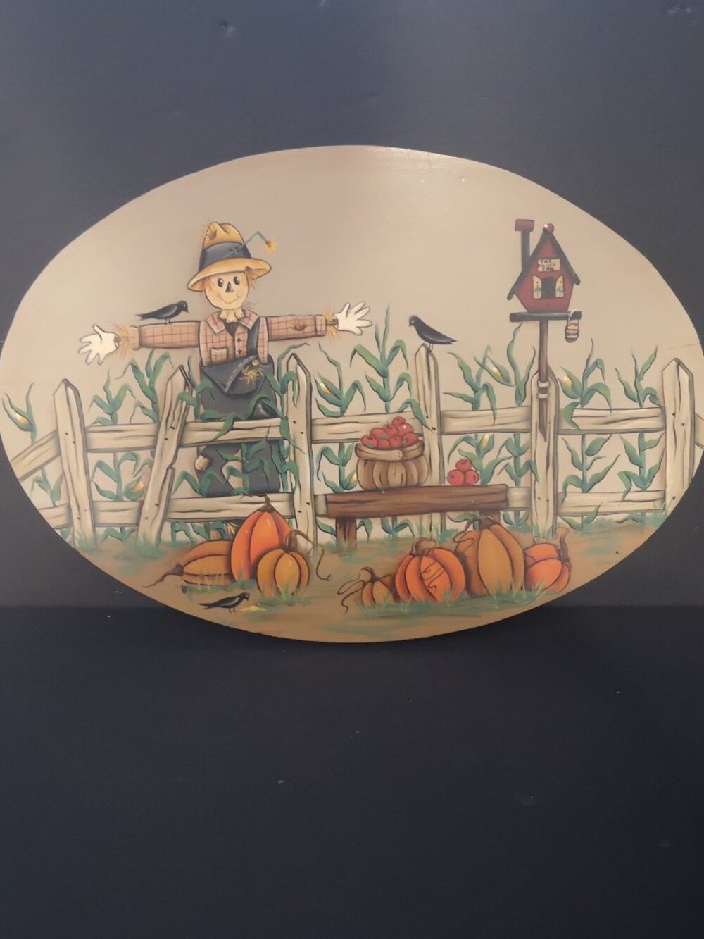 Handmade & Painted Wooden Oval 2 Sided Wall Folk Art Snowman/Scarecrow 14" Long